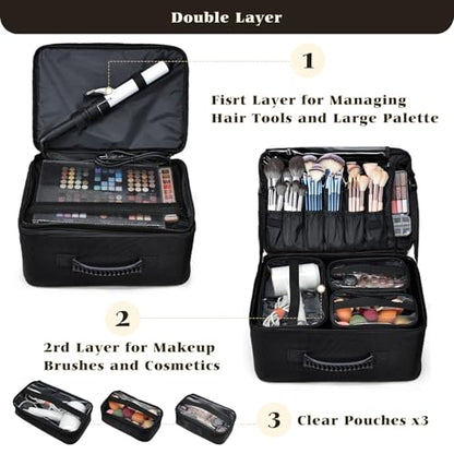 Costravio Makeup Bag Organizer Large Makeup Case Backpack Professional 2 Layers Cosmetic Storage Organizer Brush Slot with 3 Clear Set Bags for Makeup Artists with Shoulder Strap Adjustable Dividers