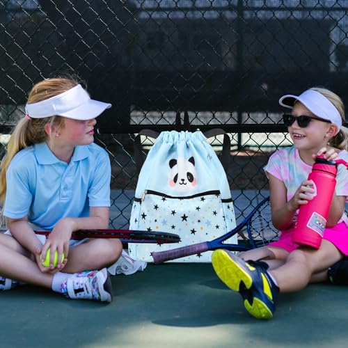Drawstring Backpack for Kids - Panda Bags for Girls Mini Gym Dance Beach Swim Travel Bag With Two Water Bottle Holder Light Blue - color: Panda Light Blue