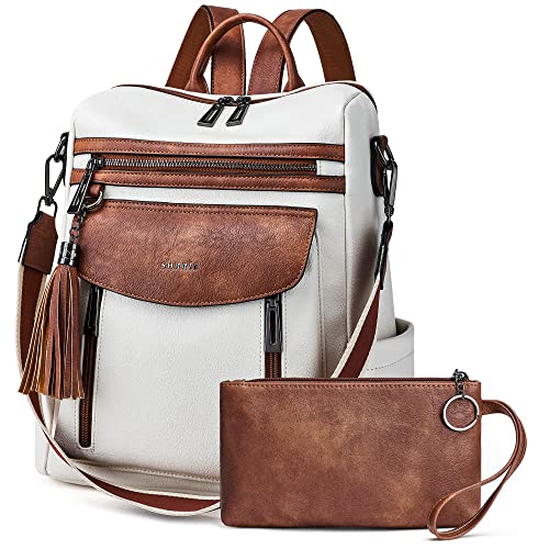 Shrrie Backpack Purse for Women Fashion Leather Backpack Purse Designer Travel Backpack Convertible Shoulder Bag with Wristlet - color: 1-7 Beige With Brown