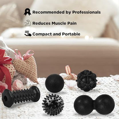 Massage Ball & Foot Roller 5 in 1 Set,Foot Massager Roller-Lacrosse,Peanut,Spiky,Hand Exercise Massage Ball for Plantar Fasciitis Relief and Myofascial Release,Deep Tissue Massage,Reflexology Tool - color: 5-piece Set(black)