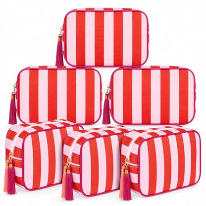 Kacctyen 6 Pack Tomato Red and Light Pink Striped Makeup Bag bulk with Tassel Travel Cosmetic Pouch Organizer Large Zipper Toiletry Case for Women Aesthetic Storage Pouch Mahjong Tile Bag - color: Tomato Red and Light Pink