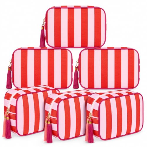 Kacctyen 6 Pack Tomato Red and Light Pink Striped Makeup Bag bulk with Tassel Travel Cosmetic Pouch Organizer Large Zipper Toiletry Case for Women Aesthetic Storage Pouch Mahjong Tile Bag - color: Tomato Red and Light Pink