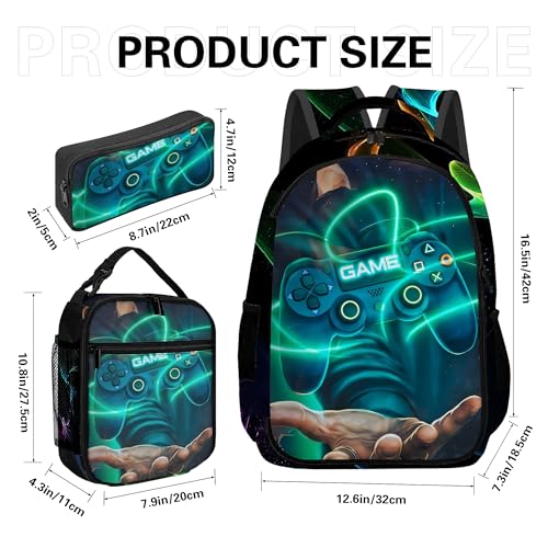 Boys Backpack with Lunch Box and Pencil Case, 3Pcs Gamer Backpack for Boys Teens, 17 Inch Large Capacity - color: GAME-LZWJ-4