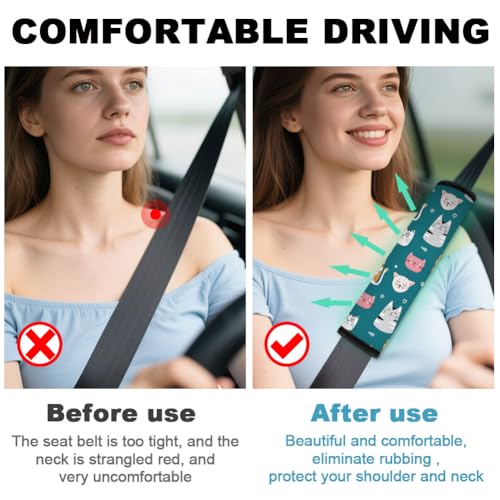 2Pcs Soft Auto Seat Belt Cover Pads, Cute Cat Car Seatbelt Shoulder Cushion for Comfortable Driving, Compatible with All Cars' Seatbelt and Backpack Straps 11x2.4inch - color: Cat A