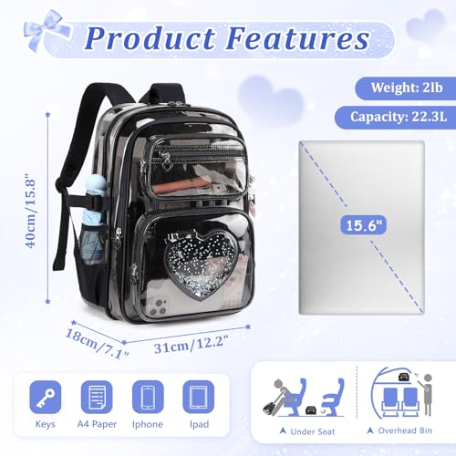 Clear Backpack for School Girls, Cute Heavy Duty PVC Transparent Bookbag, See-Through Bag for Stadium Event Semi-Black - color: Semi-black