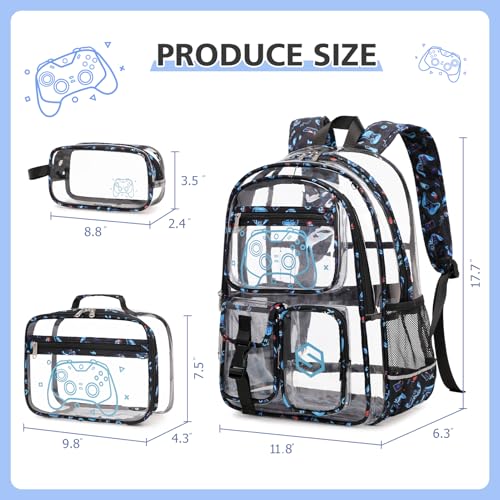 DIGOBAY 3PCS Cool Luminous Clear Backpack for Boys Kids, Gamer Clear Bookbag for School, See Through PVC Transparent Backpacks with Lunch Bag Pencil Case, Backpack Heavy Duty for School Stadium - color: Blue