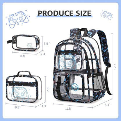DIGOBAY 3PCS Cool Luminous Clear Backpack for Boys Kids, Gamer Clear Bookbag for School, See Through PVC Transparent Backpacks with Lunch Bag Pencil Case, Backpack Heavy Duty for School Stadium - color: Blue