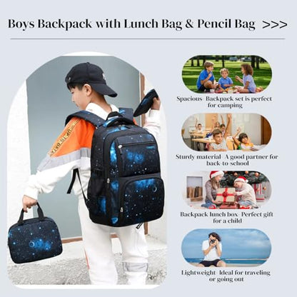 MITOWERMI Boys Backpacks for Primary Junior School Kids Backpack with Lunch Box Galaxy Space Bookbags for Boys Girls - color: #01 Black-blue Galaxy, style: 3 Pcs Set Backpack