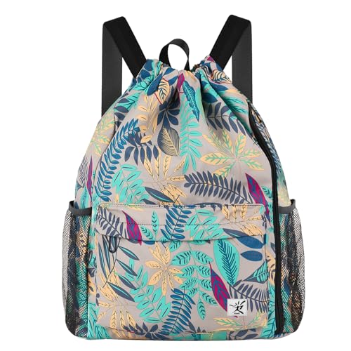 Drawstring Backpack with Mesh Pockets String Gym Bag Sackpack Sandproof Water Resistant Beach Backpack for Men Women - color: Gray Leaves