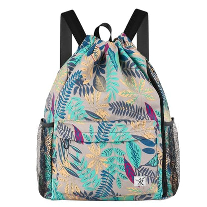 Drawstring Backpack with Mesh Pockets String Gym Bag Sackpack Sandproof Water Resistant Beach Backpack for Men Women - color: Gray Leaves