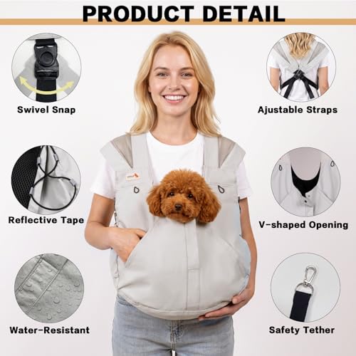 Dog Sling Carriers for Small Dogs, Hands Free Front Pet Carrier with Bottom Support, Adjustable Shoulder Straps, Breathable Dog Backpack Carrier for Travel Hiking Walking Anti Anxiety, Grey