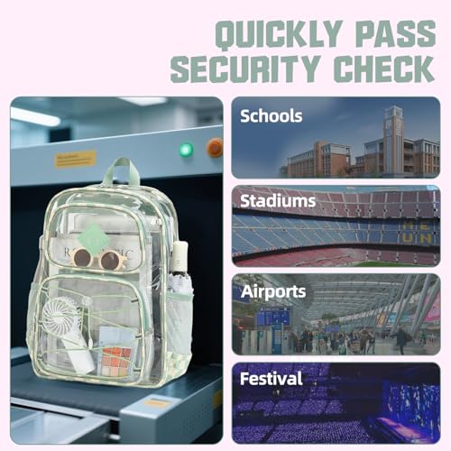 Clear Backpacks for Girls Women, Heavy Duty PVC Transparent Back Pack See Through Boys Kids Clear Bookbags for School Checkered Green - color: Checkered Green