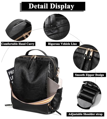 myfriday PU Leather Large Backpack Purse for Women Casual Travel Backpack Convertible Satchel Handbags With Luggage Strap (Black) - color: Black