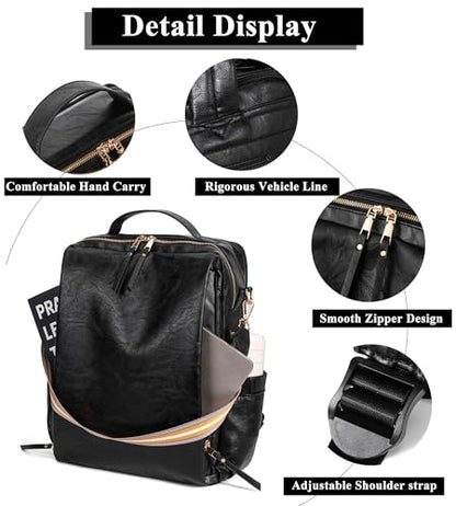 myfriday PU Leather Large Backpack Purse for Women Casual Travel Backpack Convertible Satchel Handbags With Luggage Strap (Black) - color: Black