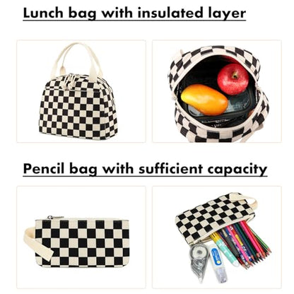 Bluboon School Backpack Set Girls Womens Laptop Bookbag Casual Daypack Fits 15 inch Laptop with Lunch Tote Bag and Pencil Bag - color: Corduroy Black Checkered 1