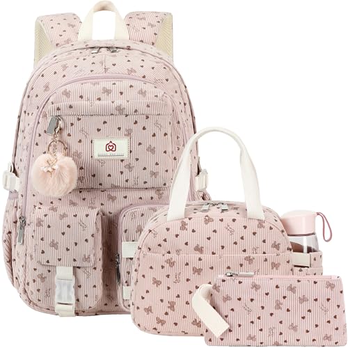 Hidds School Backpack with Lunch Box for Teens Girls Women 15.6 Inch Laptop College Backpacks with Lunch Bag Bookbag Set Corduroy Kids Elementary Middle High Bag Students Daypack - Pink Bowknot Set - color: 20-corduroy Pink Bowknot Set