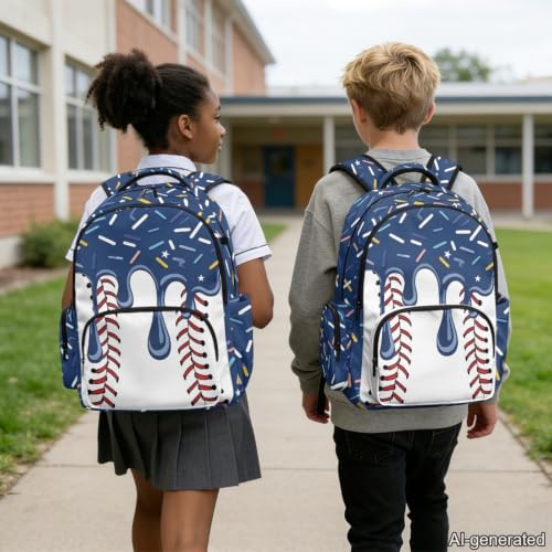 Suobstales Navy Blue Baseball Ice Cream Drip Print Kids Backpack for Girls Boys Elementary School Bookbag School Bag with Zippe Pocket Lightweight Rucksack Travel Daypack with Adjustable Straps - color: Navy Blue Baseball Ice Cream Drip