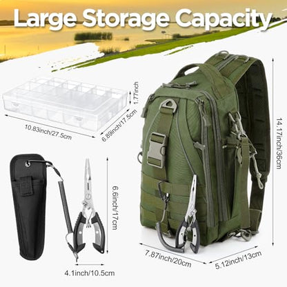 RoundFunny 85 Pcs Fishing Backpack with Tackle Boxes, Tackle Sling Bag with Rod Holder, Fish Lures and Pliers, Fish Tools Gears & Equipment Father's Day Fishing Gift for Dad Men - color: Army Green