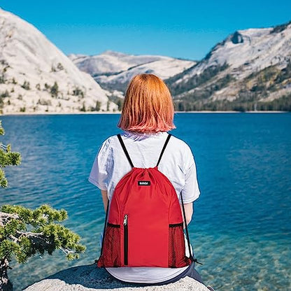 WANDF Drawstring Backpack Sports Gym Sackpack with Mesh Pockets Water Resistant String Bag for Women Men (Red) - color: Red