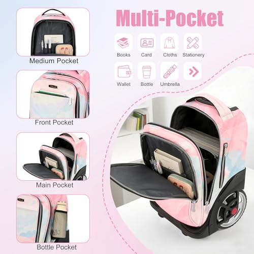 NEW TILAMI 19 inch Rolling Backpack Teens Rolling Backpack Cute Wheeled Laptop Backpack Bookbag Roller Travel Bag College,Pink - color: Pink