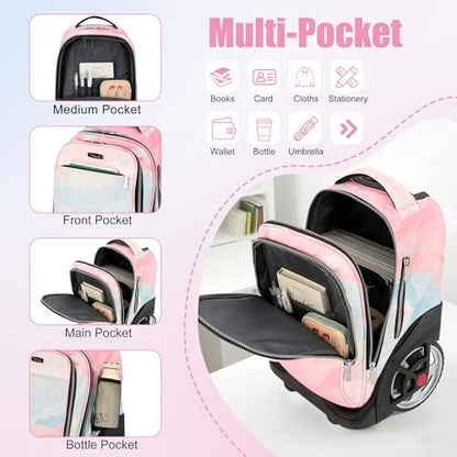 NEW TILAMI 19 inch Rolling Backpack Teens Rolling Backpack Cute Wheeled Laptop Backpack Bookbag Roller Travel Bag College,Pink - color: Pink