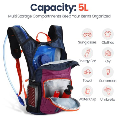 Shinylin 2 Pcs Kids Hydration Backpack with 1.5L Water Bladder Lightweight Kids Hiking Backpack Water Rucksack for Boys Girls Climbing Running - color: Red, Purple, style: Classic