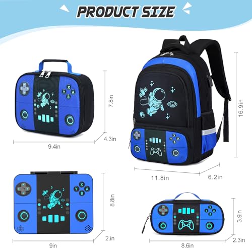 Bevalsa Backpack for Boys with 43OZ Bento Lunch Box,Insulated Lunch Bag & Pencial Case,Cool Luminous Gamer Schoolbag for Kids Teens Elementary Middle School,Bookbag Glow In The Dark - color: Blue Astronaut, style: Backpack With 43oz Bento Box