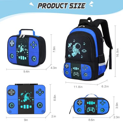 Bevalsa Backpack for Boys with 43OZ Bento Lunch Box,Insulated Lunch Bag & Pencial Case,Cool Luminous Gamer Schoolbag for Kids Teens Elementary Middle School,Bookbag Glow In The Dark - color: Blue Astronaut, style: Backpack With 43oz Bento Box