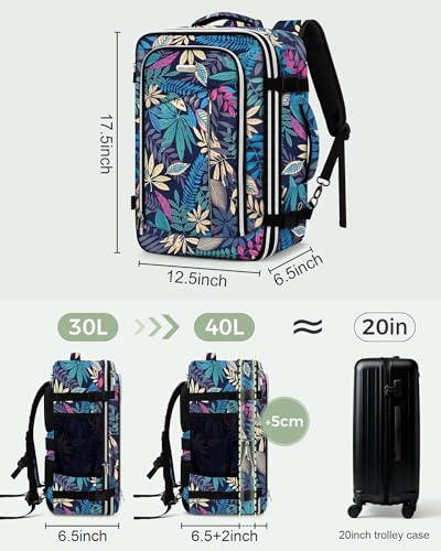 Travel Carry On 17.5" Laptop Expandable Backpack for Men Women, Personal Item Bag Waterproof Airline Approved with USB Charging Hole 3 Packing Cubes, Large Weekender Daypack Business Luggage Suitcase - color: Tropical Leaves, size: Expandable
