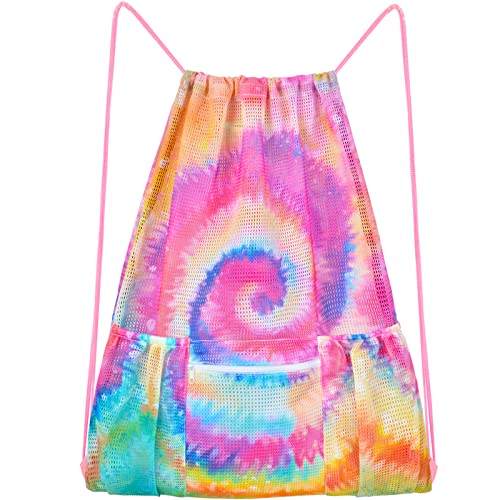 Fiodrimy Mesh Drawstring Backpack Bag Beach Bag with Zipper Pocket Gym Backpack Bag for Swimming Gear Gym Storage Bag for Adult Kids (Tie Dye) - color: Tie Dye