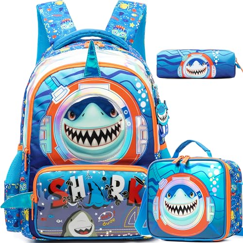 Meetbelify Kids School Backpacks for Girls Boys Backpack with Lunch Bag for Elmentary Students - color: 02 Shark