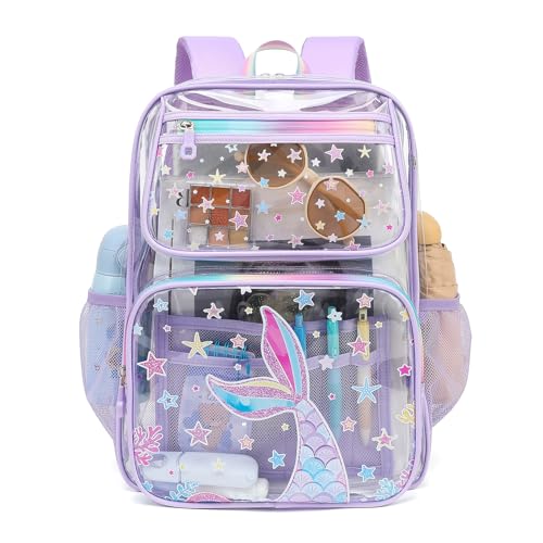 MOONBABY Clear Backpack for School Girls, Heavy Duty TPU Transparent Backpack Stadium Events Approved, Clear Bookbag - color: Purple Mermaid