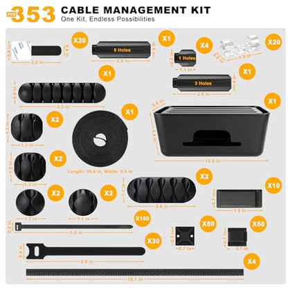 353 PCS Cable Management Kit - 1 Cable Management Box, 4 Cable Sleeve Split, 130 Adhesive Cable Clip, 17 Cable Holder, 1 Roll Cable Organizer Strap, 150 Cable Tie with 50 Mount, for Computer Desk TV