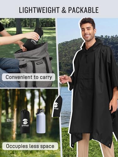 SaphiRose Extra Thick Hooded Rain Poncho Double Layer Waterproof Raincoat Jacket for Men Women Adults - color: Black