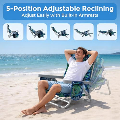 5-Position Backpack Beach Chair for Adults with Lumbar, Foldable Tall Heavy-Duty Beach Chairs with Cooler Bag,Cup Holder,Towel Rack for Beach, Camping, Outdoor