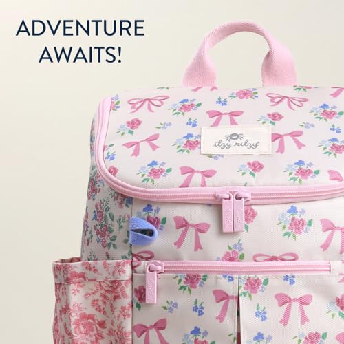 Itzy Ritzy Toddler & Kids Backpack - Lightweight Preschool & Elementary School Bag with Padded Straps, Trolley Sleeve, 2 Side Pockets, Tablet Sleeve & Name Label (Ribbons & Roses) - color: Ribbons & Roses