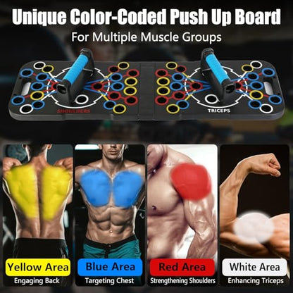 Multifunctional Push Up Board, Portable Push Up Bar with 15 Fitness Accessories and Pilates Bar Resistance Band, Stable Workout Board with Roller Wheel for Home Gym