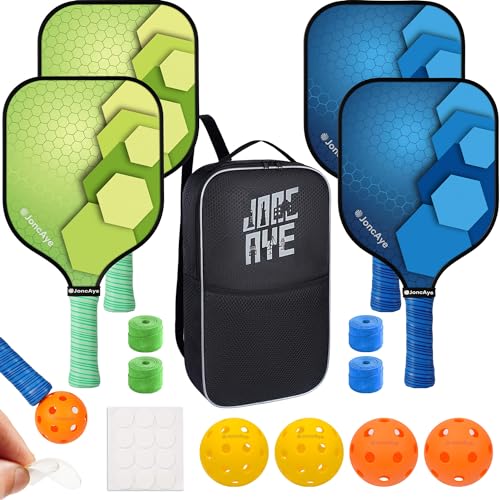 JoncAye Pickleball Paddles Set of 4 or 2, USAPA Approved Fiberglass Rackets with Outdoor Indoor Balls, Bag, Overgrip, Lightweight for Family, Professional Equipment for Beginners Intermediate - color: Blue&Green*4
