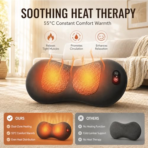 3-in-1 Electric Back Massager Pillow with Heat, Vibration & Traction, Ergonomic Lumbar Support Cushion with Memory Foam for Lower Back Comfort, Bed, Office Chair, Sofa & Car (Ash Gray)