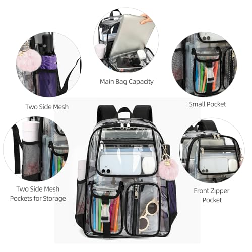Clear Backpacks for Girls Boys, Heavy Duty PVC Transparent School Bookbag See Through Back Pack for College Work Travel (Black) - color: Black
