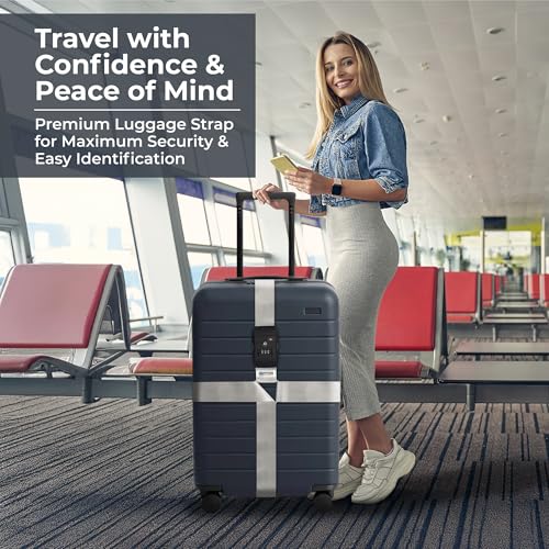 Nylon Luggage Straps for Suitcases | TSA Approved Adjustable Strap w/ 3-Digit Combo Lock | Heavy Duty Belt for 20-32 Inch Suitcases | Travel Luggage Belt Strap for Easy Identification (Silver Grey) - color: Silver Grey