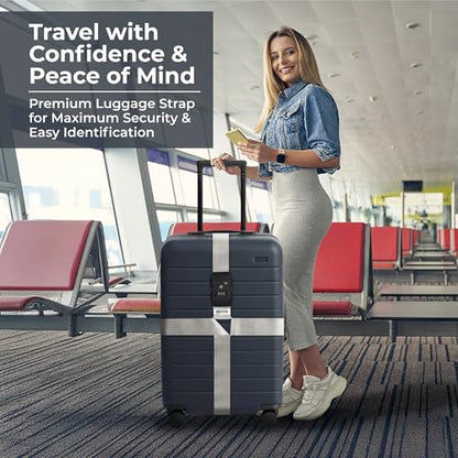 Nylon Luggage Straps for Suitcases | TSA Approved Adjustable Strap w/ 3-Digit Combo Lock | Heavy Duty Belt for 20-32 Inch Suitcases | Travel Luggage Belt Strap for Easy Identification (Silver Grey) - color: Silver Grey