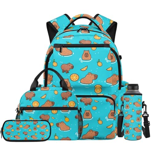 Orange Capybara Boys Bookbag with Lunch Box 4 Pieces School Backpack Set Teen Boy Bookbag for Primary Elementary 4th Grade Backpack for Boys Large Capacity Back to School Bags with Handle - color: Capybara Orange