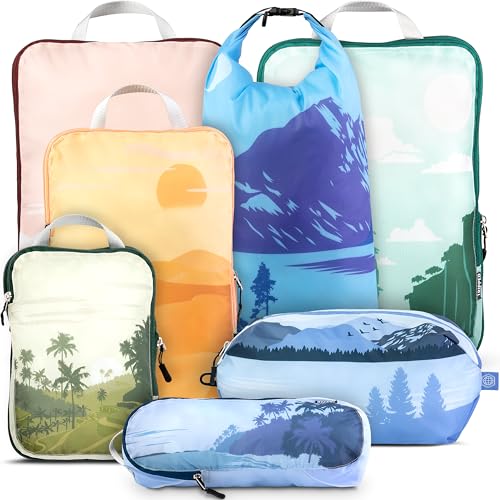 Large Compression Packing Cubes for Travel-Packing Cube Luggage Organizers 7 Piece Set for Checked Luggage-Ultralight, Expandable/Compression Bags by TRIPPED Travel Gear (Getaways) - color: Getaways