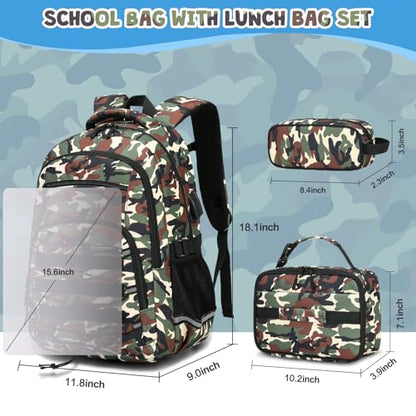 ACESAK Camo Backpack for Boys, Tactical Kids Backpack Boys, School Bags for Boy Children Teens Kids Elementary Middle High School, Military Bookbag and Lunch Bag Pencil Case Set with USB Charging Port - color: Brown Camo