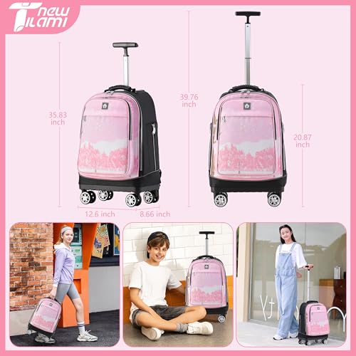 NEW TILAMI 19 Inch Rolling Backpack 360°rotating Universal Wheel, Large Organizer Compartments, Adjustable Handle, Carry on for School Students Business Travel, Cherry Blossoms - color: Cherry Blossoms