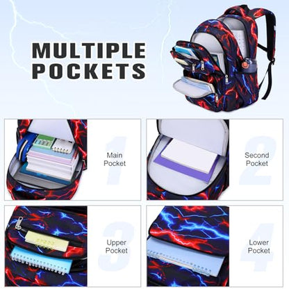Bevalsa Backpack for Boys, Lightning School Bags with Lunch Bag & Pen Case for Kids, Bookbag for Boys Teens Elementary Middle High School - color: Red Blue