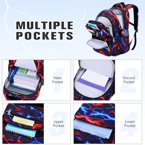 Bevalsa Backpack for Boys, Lightning School Bags with Lunch Bag & Pen Case for Kids, Bookbag for Boys Teens Elementary Middle High School - color: Red Blue