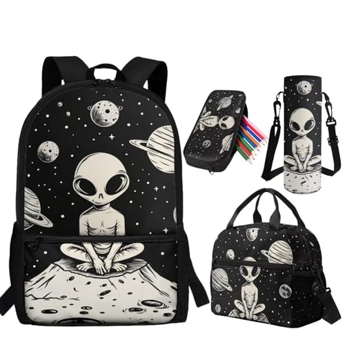 Alien Backpack for Boys 6-8 Kids Backpack for School Boys Bookbag with Lunch Box Water Bottle Holder Pencil Case 4PCS Set Teen Backpacks for Kindergarten Primary School Bag with Handle - color: Alien