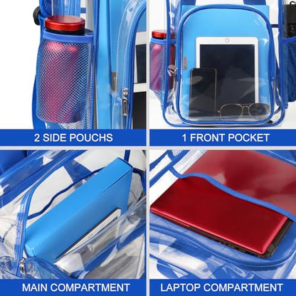 Clear Backpack School Bag Stadium Approved Heavy Duty Large PVC Laptop Transparent Backpack See Through Backpack for Sports, Work, Stadium, Security, Travel, College - H18''xW14''xD8“ - Blue - color: Blue